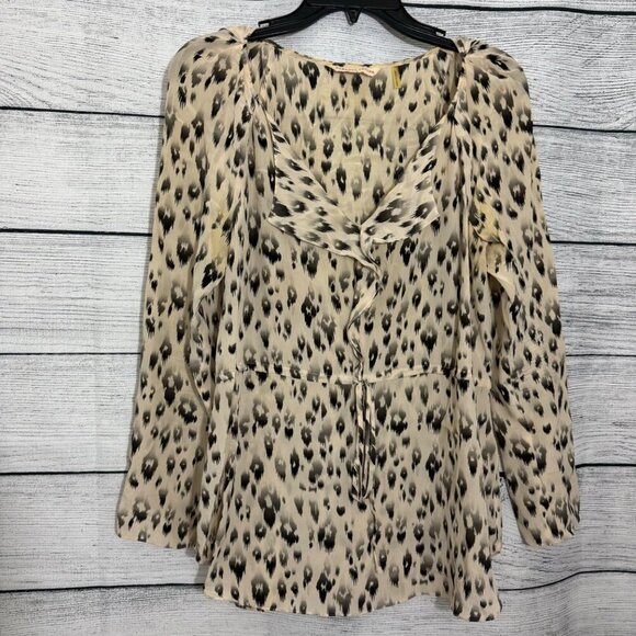 Rebecca Taylor Animal Print Ruffle Long Sleeve Blouse Size 8 - Picture 1 of 5